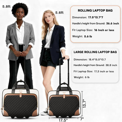 Rolling Laptop Bag, Rolling Briefcase for Women with Waterproof Pocket, 16 Inch Computer Bag, Underseat Carry On Luggage with Wheels for Work Travel Business, Lightweight Black Purple