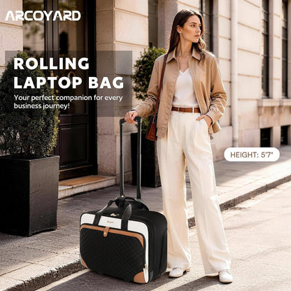 Rolling Laptop Bag, Rolling Briefcase for Women with Waterproof Pocket, 16 Inch Computer Bag, Underseat Carry On Luggage with Wheels for Work Travel Business, Lightweight Black Purple