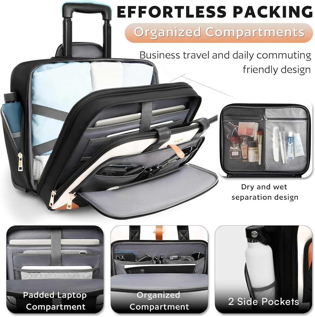Rolling Laptop Bag, Rolling Briefcase for Women with Waterproof Pocket, 16 Inch Computer Bag, Underseat Carry On Luggage with Wheels for Work Travel Business, Lightweight Black Purple