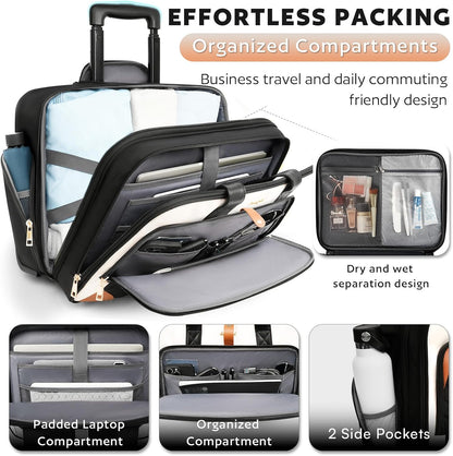 Rolling Laptop Bag, Rolling Briefcase for Women with Waterproof Pocket, 16 Inch Computer Bag, Underseat Carry On Luggage with Wheels for Work Travel Business, Lightweight Black Purple