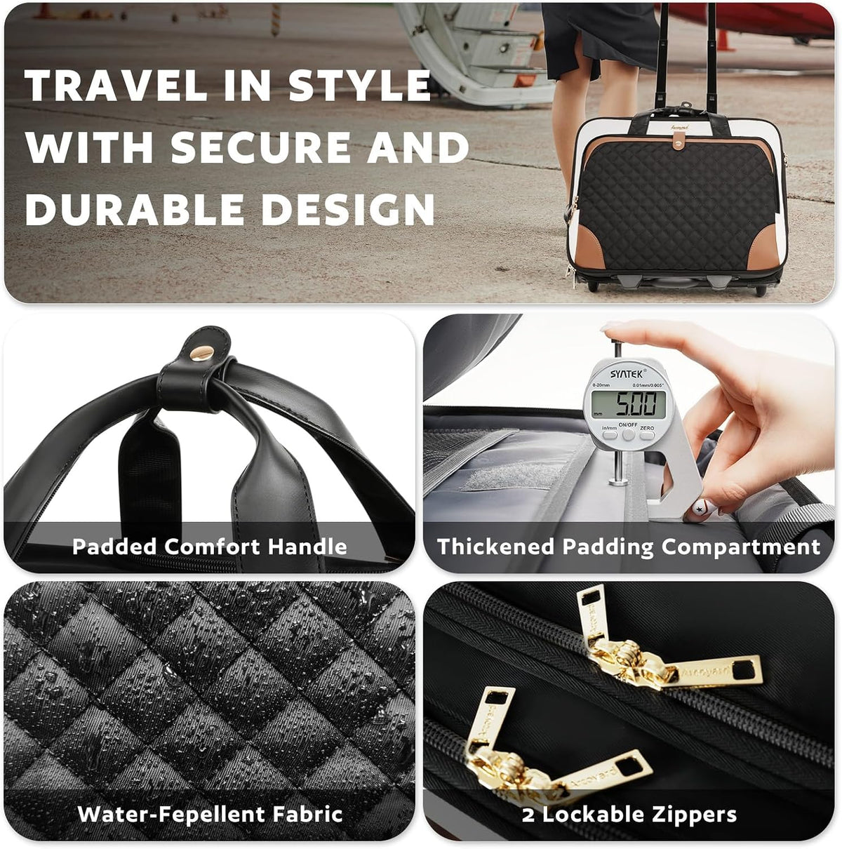 Rolling Laptop Bag, Rolling Briefcase for Women with Waterproof Pocket, 16 Inch Computer Bag, Underseat Carry On Luggage with Wheels for Work Travel Business, Lightweight Black Purple