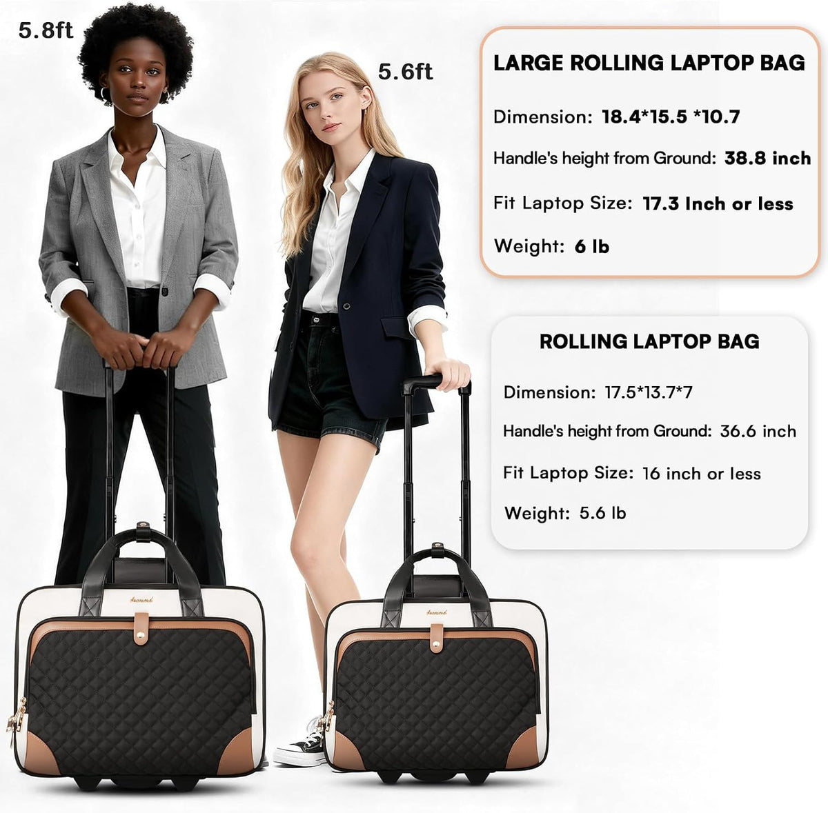 Rolling Laptop Bag, Rolling Briefcase for Women with Waterproof Pocket, 16 Inch Computer Bag, Underseat Carry On Luggage with Wheels for Work Travel Business, Lightweight Black Purple