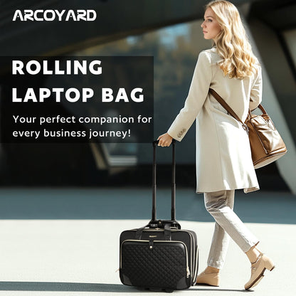 Rolling Laptop Bag, Rolling Briefcase for Women with Waterproof Pocket, 16 Inch Computer Bag, Underseat Carry On Luggage with Wheels for Work Travel Business, Lightweight Black Purple