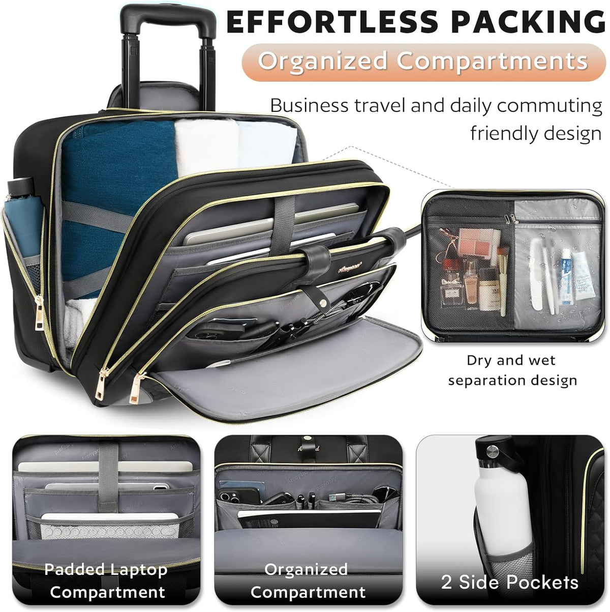Rolling Laptop Bag, Rolling Briefcase for Women with Waterproof Pocket, 16 Inch Computer Bag, Underseat Carry On Luggage with Wheels for Work Travel Business, Lightweight Black Purple