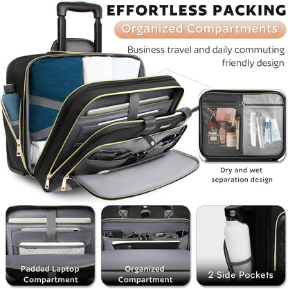 Rolling Laptop Bag, Rolling Briefcase for Women with Waterproof Pocket, 16 Inch Computer Bag, Underseat Carry On Luggage with Wheels for Work Travel Business, Lightweight Black Purple