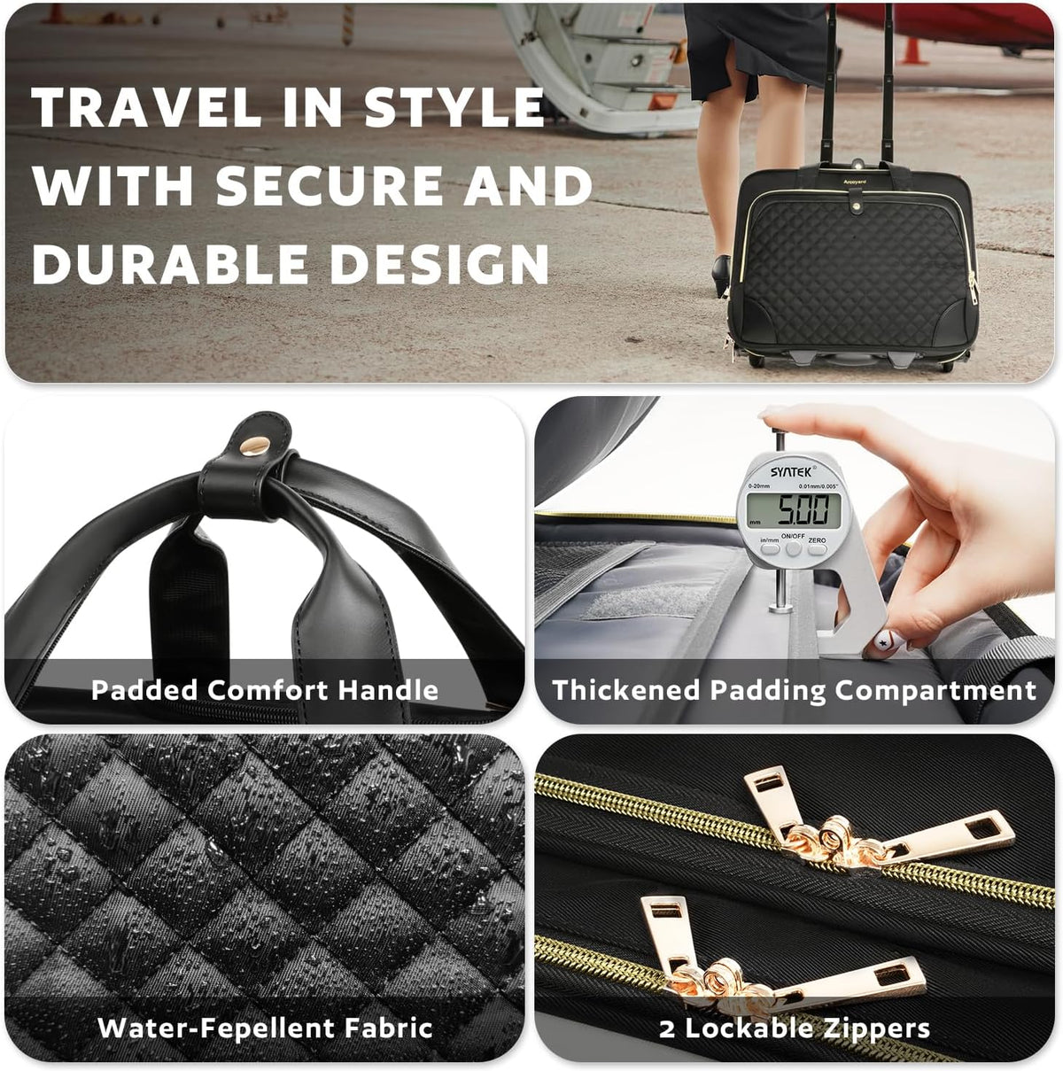 Rolling Laptop Bag, Rolling Briefcase for Women with Waterproof Pocket, 16 Inch Computer Bag, Underseat Carry On Luggage with Wheels for Work Travel Business, Lightweight Black Purple