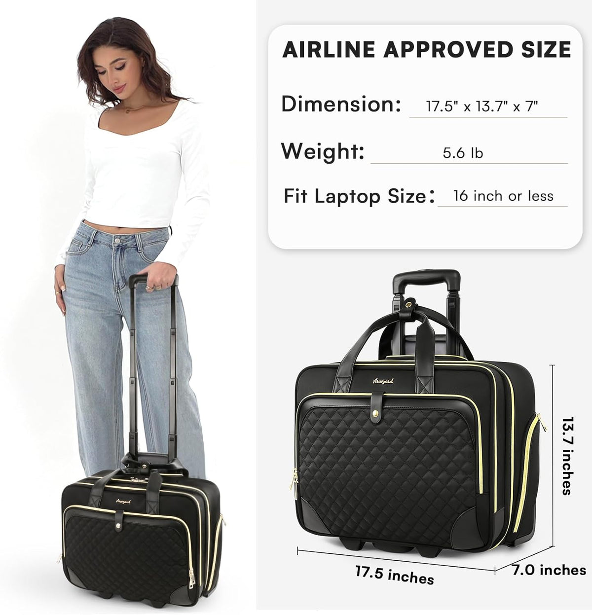 Rolling Laptop Bag, Rolling Briefcase for Women with Waterproof Pocket, 16 Inch Computer Bag, Underseat Carry On Luggage with Wheels for Work Travel Business, Lightweight Black Purple