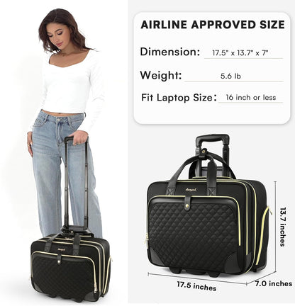 Rolling Laptop Bag, Rolling Briefcase for Women with Waterproof Pocket, 16 Inch Computer Bag, Underseat Carry On Luggage with Wheels for Work Travel Business, Lightweight Black Purple