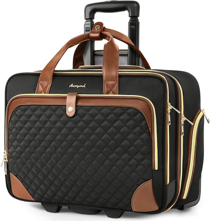 Rolling Laptop Bag, Rolling Briefcase for Women with Waterproof Pocket, 16 Inch Computer Bag, Underseat Carry On Luggage with Wheels for Work Travel Business, Lightweight Black Purple