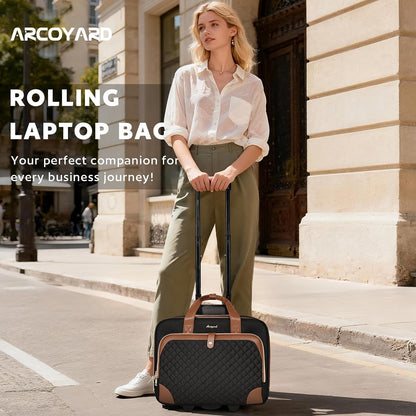 Rolling Laptop Bag, Rolling Briefcase for Women with Waterproof Pocket, 16 Inch Computer Bag, Underseat Carry On Luggage with Wheels for Work Travel Business, Lightweight Black Purple
