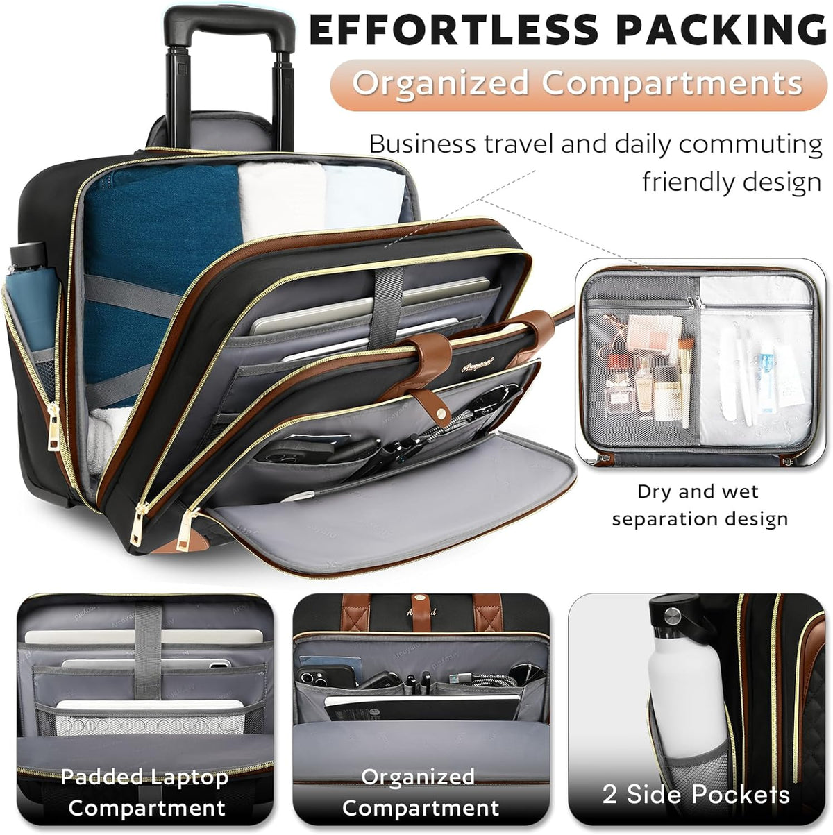 Rolling Laptop Bag, Rolling Briefcase for Women with Waterproof Pocket, 16 Inch Computer Bag, Underseat Carry On Luggage with Wheels for Work Travel Business, Lightweight Black Purple
