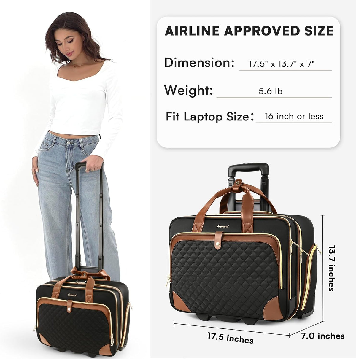 Rolling Laptop Bag, Rolling Briefcase for Women with Waterproof Pocket, 16 Inch Computer Bag, Underseat Carry On Luggage with Wheels for Work Travel Business, Lightweight Black Purple