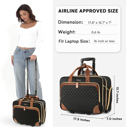 Rolling Laptop Bag, Rolling Briefcase for Women with Waterproof Pocket, 16 Inch Computer Bag, Underseat Carry On Luggage with Wheels for Work Travel Business, Lightweight Black Purple
