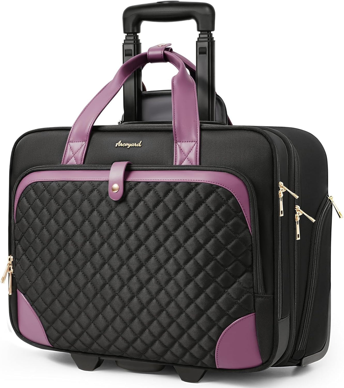 Rolling Laptop Bag, Rolling Briefcase for Women with Waterproof Pocket, 16 Inch Computer Bag, Underseat Carry On Luggage with Wheels for Work Travel Business, Lightweight Black Purple