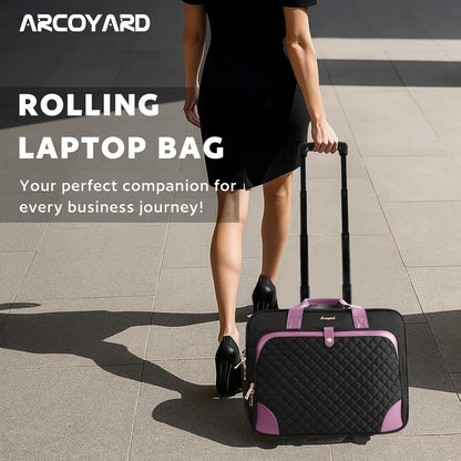 Rolling Laptop Bag, Rolling Briefcase for Women with Waterproof Pocket, 16 Inch Computer Bag, Underseat Carry On Luggage with Wheels for Work Travel Business, Lightweight Black Purple