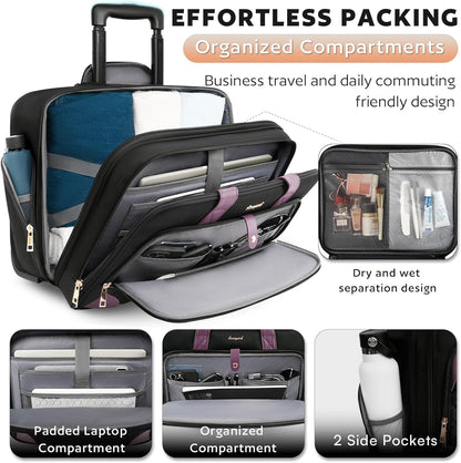 Rolling Laptop Bag, Rolling Briefcase for Women with Waterproof Pocket, 16 Inch Computer Bag, Underseat Carry On Luggage with Wheels for Work Travel Business, Lightweight Black Purple