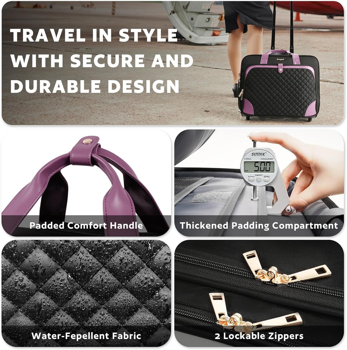 Rolling Laptop Bag, Rolling Briefcase for Women with Waterproof Pocket, 16 Inch Computer Bag, Underseat Carry On Luggage with Wheels for Work Travel Business, Lightweight Black Purple