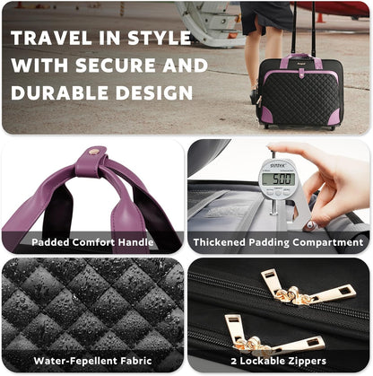 Rolling Laptop Bag, Rolling Briefcase for Women with Waterproof Pocket, 16 Inch Computer Bag, Underseat Carry On Luggage with Wheels for Work Travel Business, Lightweight Black Purple