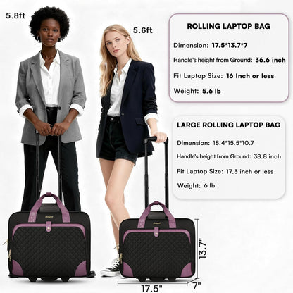 Rolling Laptop Bag, Rolling Briefcase for Women with Waterproof Pocket, 16 Inch Computer Bag, Underseat Carry On Luggage with Wheels for Work Travel Business, Lightweight Black Purple