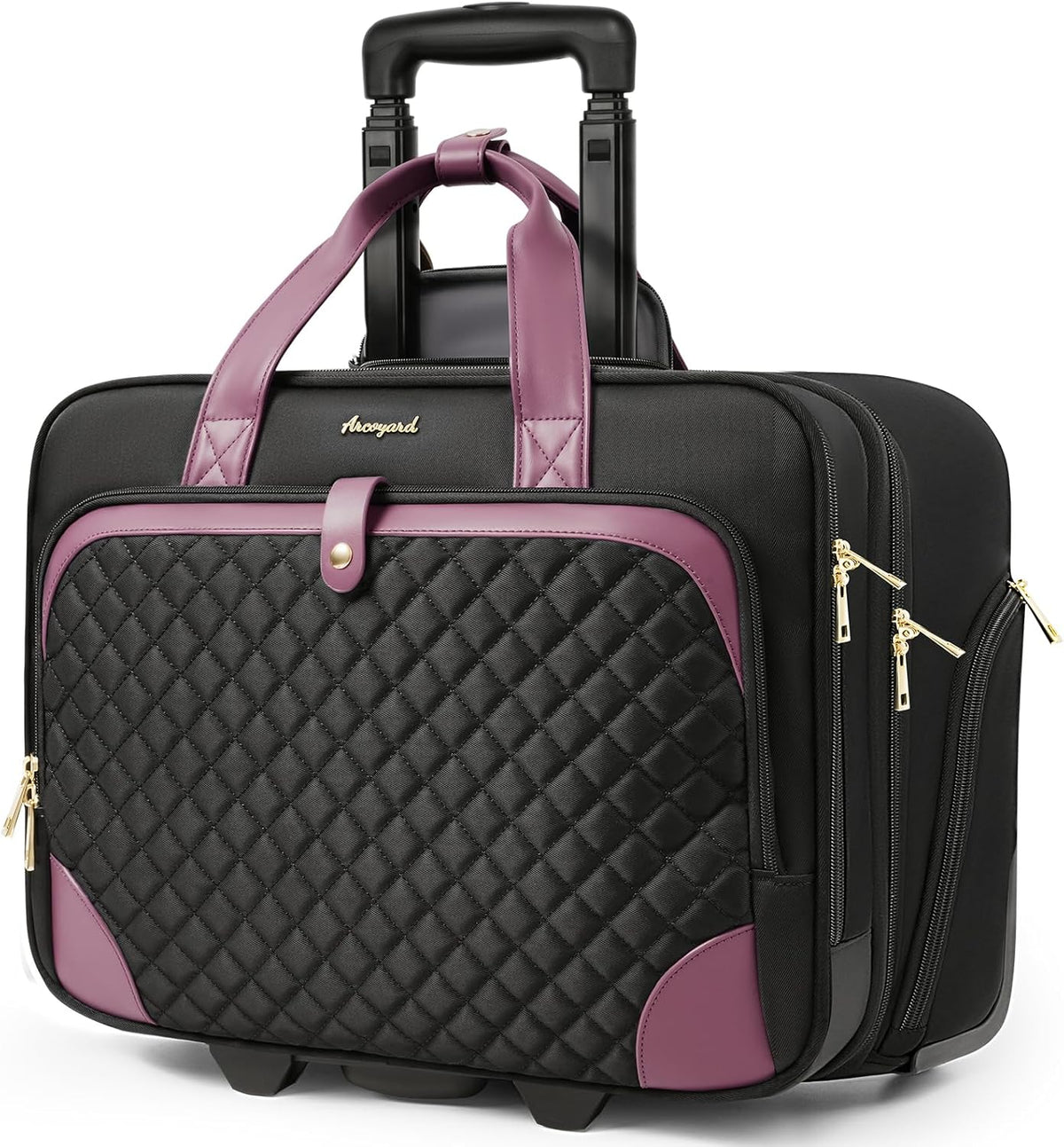 Rolling Laptop Bag, Rolling Briefcase for Women with Waterproof Pocket, 16 Inch Computer Bag, Underseat Carry On Luggage with Wheels for Work Travel Business, Lightweight Black Purple