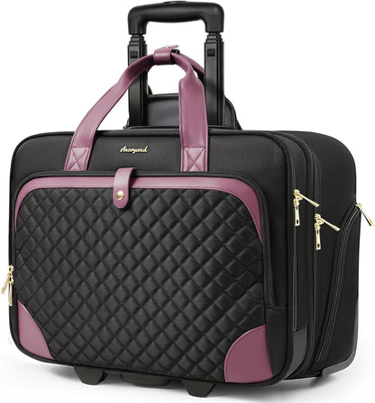 Rolling Laptop Bag, Rolling Briefcase for Women with Waterproof Pocket, 16 Inch Computer Bag, Underseat Carry On Luggage with Wheels for Work Travel Business, Lightweight Black Purple