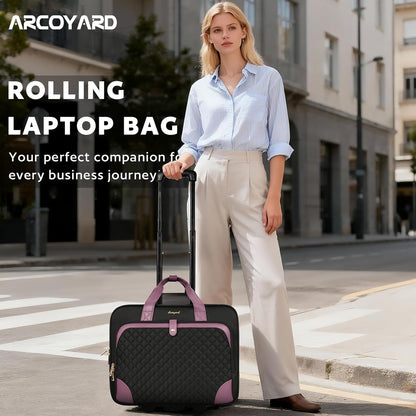 Rolling Laptop Bag, Rolling Briefcase for Women with Waterproof Pocket, 16 Inch Computer Bag, Underseat Carry On Luggage with Wheels for Work Travel Business, Lightweight Black Purple