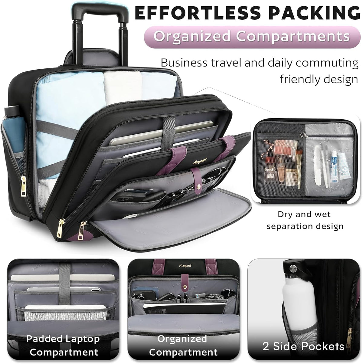 Rolling Laptop Bag, Rolling Briefcase for Women with Waterproof Pocket, 16 Inch Computer Bag, Underseat Carry On Luggage with Wheels for Work Travel Business, Lightweight Black Purple