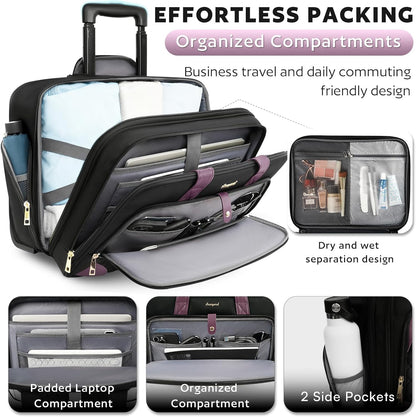 Rolling Laptop Bag, Rolling Briefcase for Women with Waterproof Pocket, 16 Inch Computer Bag, Underseat Carry On Luggage with Wheels for Work Travel Business, Lightweight Black Purple