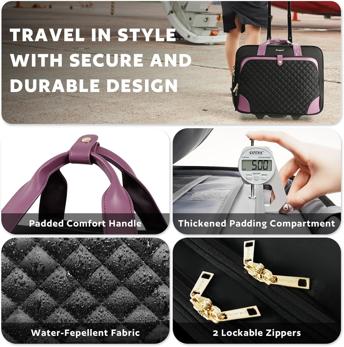 Rolling Laptop Bag, Rolling Briefcase for Women with Waterproof Pocket, 16 Inch Computer Bag, Underseat Carry On Luggage with Wheels for Work Travel Business, Lightweight Black Purple