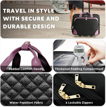 Rolling Laptop Bag, Rolling Briefcase for Women with Waterproof Pocket, 16 Inch Computer Bag, Underseat Carry On Luggage with Wheels for Work Travel Business, Lightweight Black Purple
