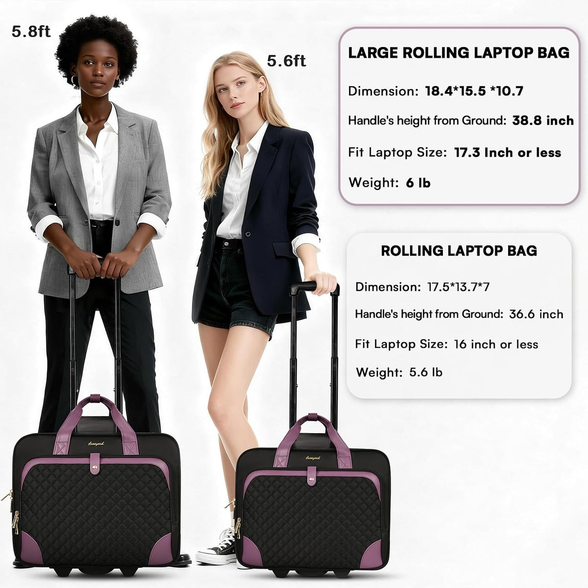 Rolling Laptop Bag, Rolling Briefcase for Women with Waterproof Pocket, 16 Inch Computer Bag, Underseat Carry On Luggage with Wheels for Work Travel Business, Lightweight Black Purple