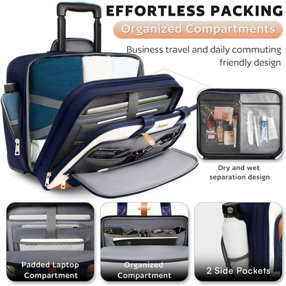Rolling Laptop Bag, Rolling Briefcase for Women with Waterproof Pocket, 16 Inch Computer Bag, Underseat Carry On Luggage with Wheels for Work Travel Business, Lightweight Black Purple