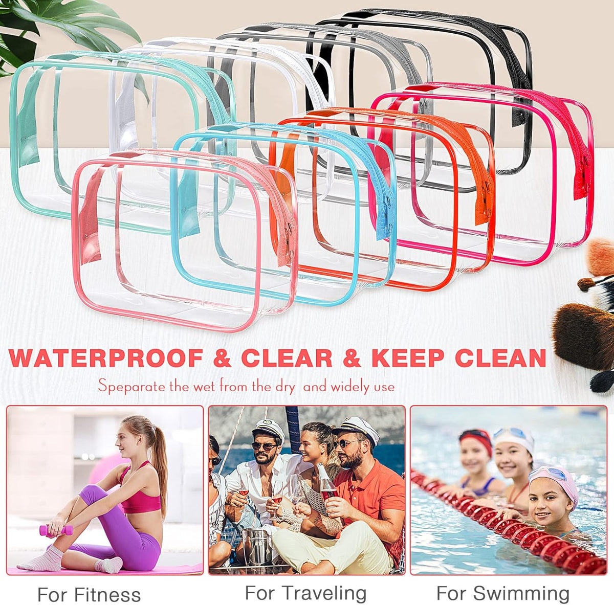 16 Pack Clear Cosmetic Bag, Transparent Toiletry Bag Travel Pouch with Zipper Waterproof PVC Plastic Organizer Case for Women Men Traveling Vacation Organization Business Trip Home, 8 Colors