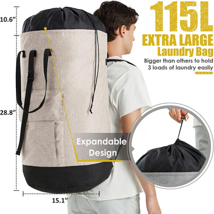 Laundry Bag for College, 115L Heavy Duty Laundry Backpack with Shoulder Straps, Large Dirty Clothes Bag for Dorm, Apartment and Laundromat, Laundry Duffle Bag for Travel, Beach, Camping, oyster grey