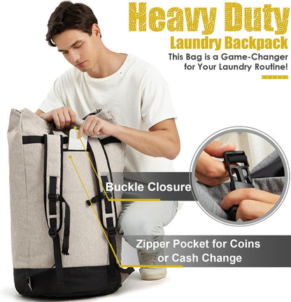 Laundry Bag for College, 115L Heavy Duty Laundry Backpack with Shoulder Straps, Large Dirty Clothes Bag for Dorm, Apartment and Laundromat, Laundry Duffle Bag for Travel, Beach, Camping, oyster grey