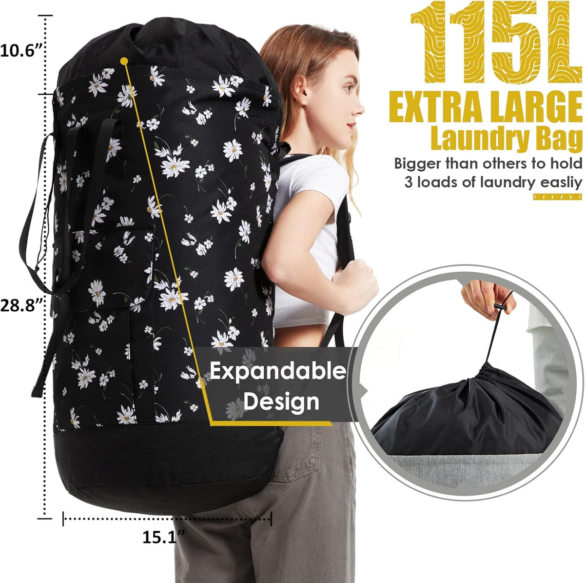 Laundry Bag for College, 115L Heavy Duty Laundry Backpack with Shoulder Straps, Large Dirty Clothes Bag for Dorm, Apartment and Laundromat, Laundry Duffle Bag for Travel, Beach, Camping, oyster grey