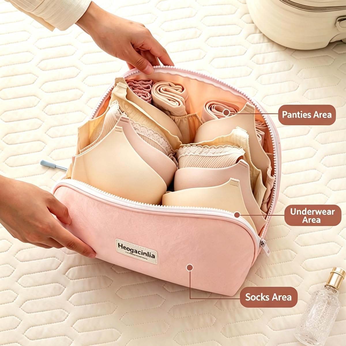 Travel Underwear Organizer Bag for Women 11.81 In Large Capacity Packing Cube Portable Lingerie Travel Bags Multi-Compartment Storage Bag for Bras Sock Cosmetic Makeup Brushes Accessories