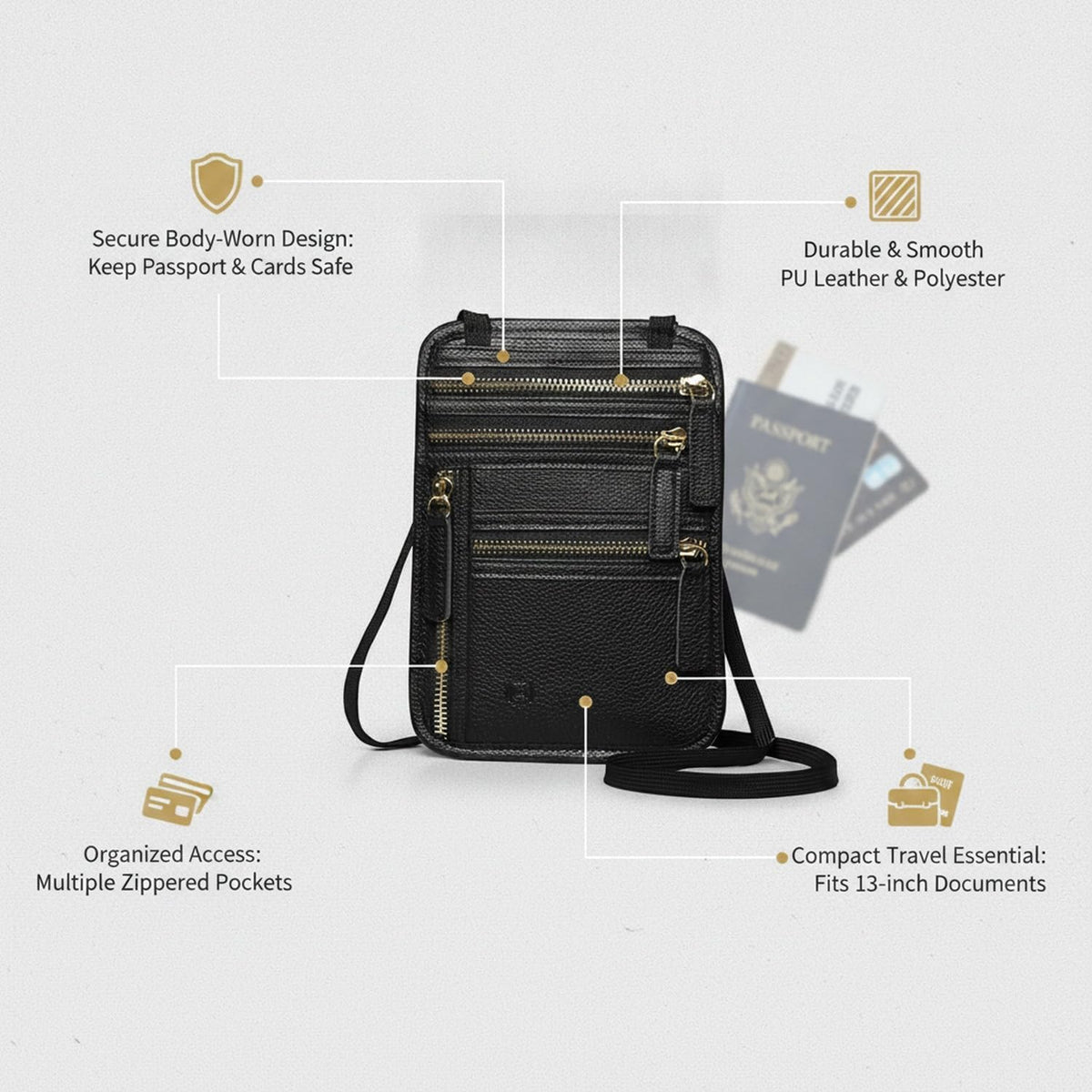 Travel Wallet Neck Pouch with Adjustable Strap, PU Leather Body-Worn Organizer for Passport and Cards, Secure Document Storage for International Trips