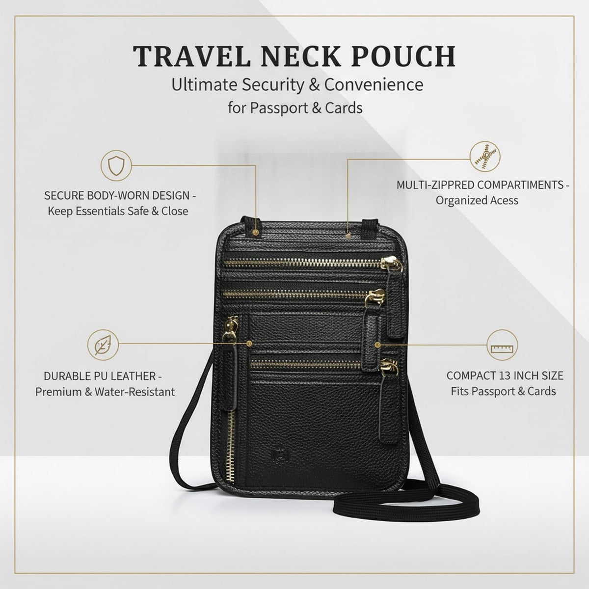 Travel Wallet Neck Pouch with Adjustable Strap, PU Leather Body-Worn Organizer for Passport and Cards, Secure Document Storage for International Trips