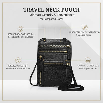 Travel Wallet Neck Pouch with Adjustable Strap, PU Leather Body-Worn Organizer for Passport and Cards, Secure Document Storage for International Trips