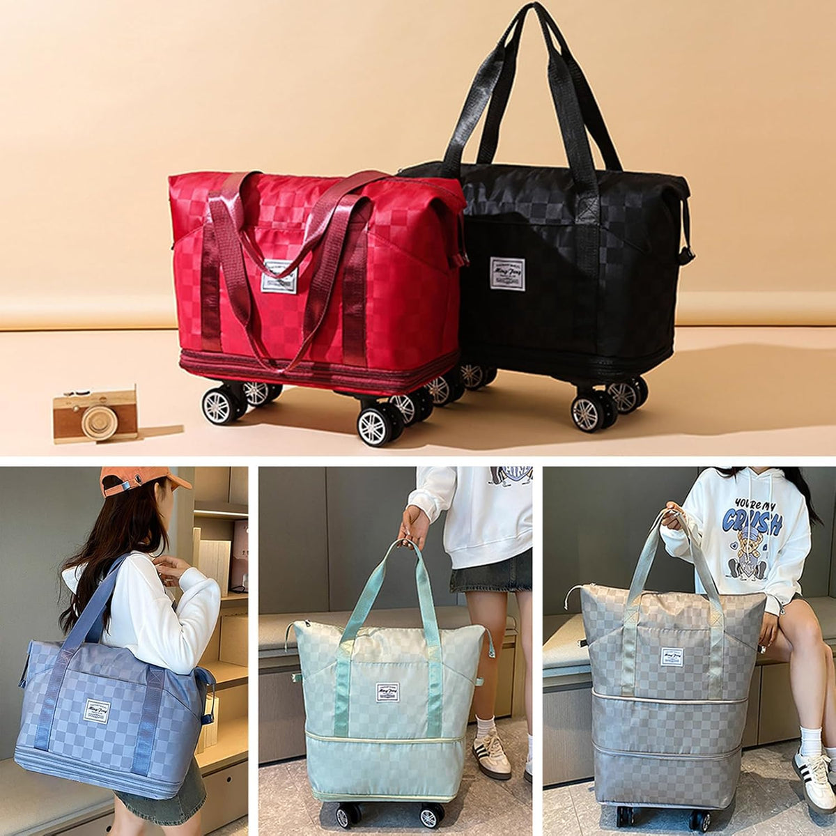 Expandable Foldable Duffel Bag Suitcases,Detachable Rolling Wheels,Rolling Duffle Bag with Wheels,Suitcase with Wheel,Carry on Luggage,Gift for Men Women Lightweight Suitcases (Blue)