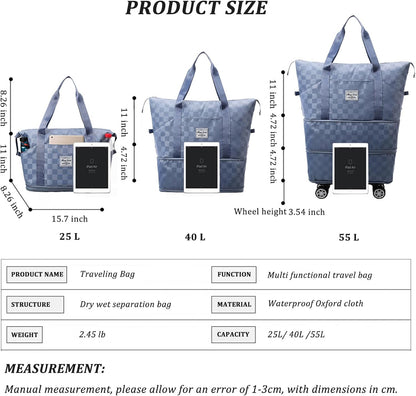 Expandable Foldable Duffel Bag Suitcases,Detachable Rolling Wheels,Rolling Duffle Bag with Wheels,Suitcase with Wheel,Carry on Luggage,Gift for Men Women Lightweight Suitcases (Blue)