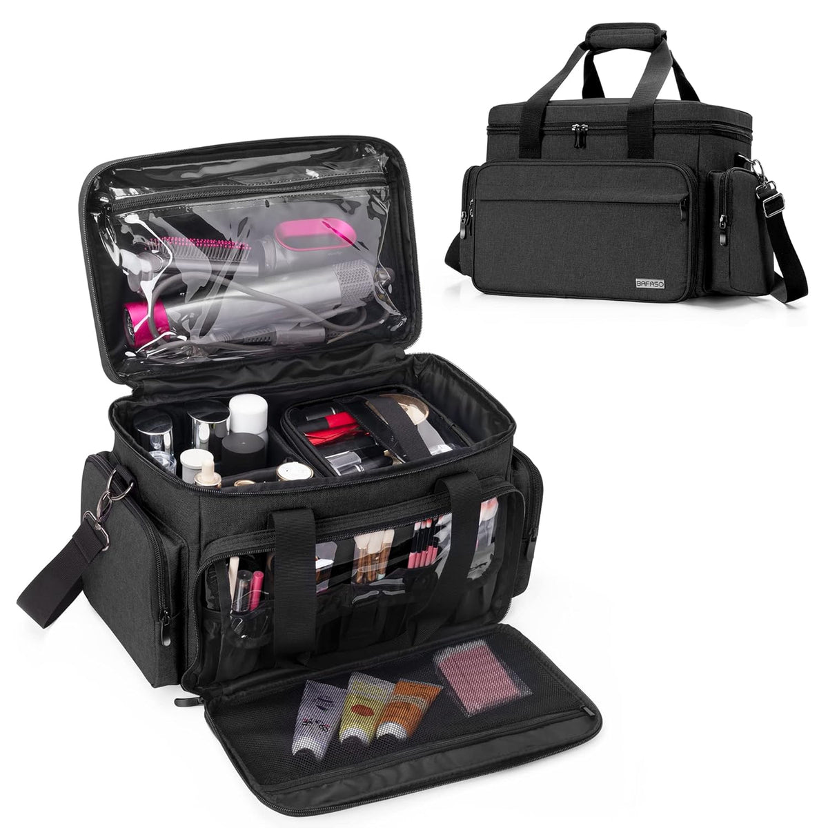 Large Makeup Bag with 2 Removable Pouches and Detachable Dividers, Multifunctional Cosmetic Bag to Keep Makeup and Hair Supplies (Patent Pending), Black