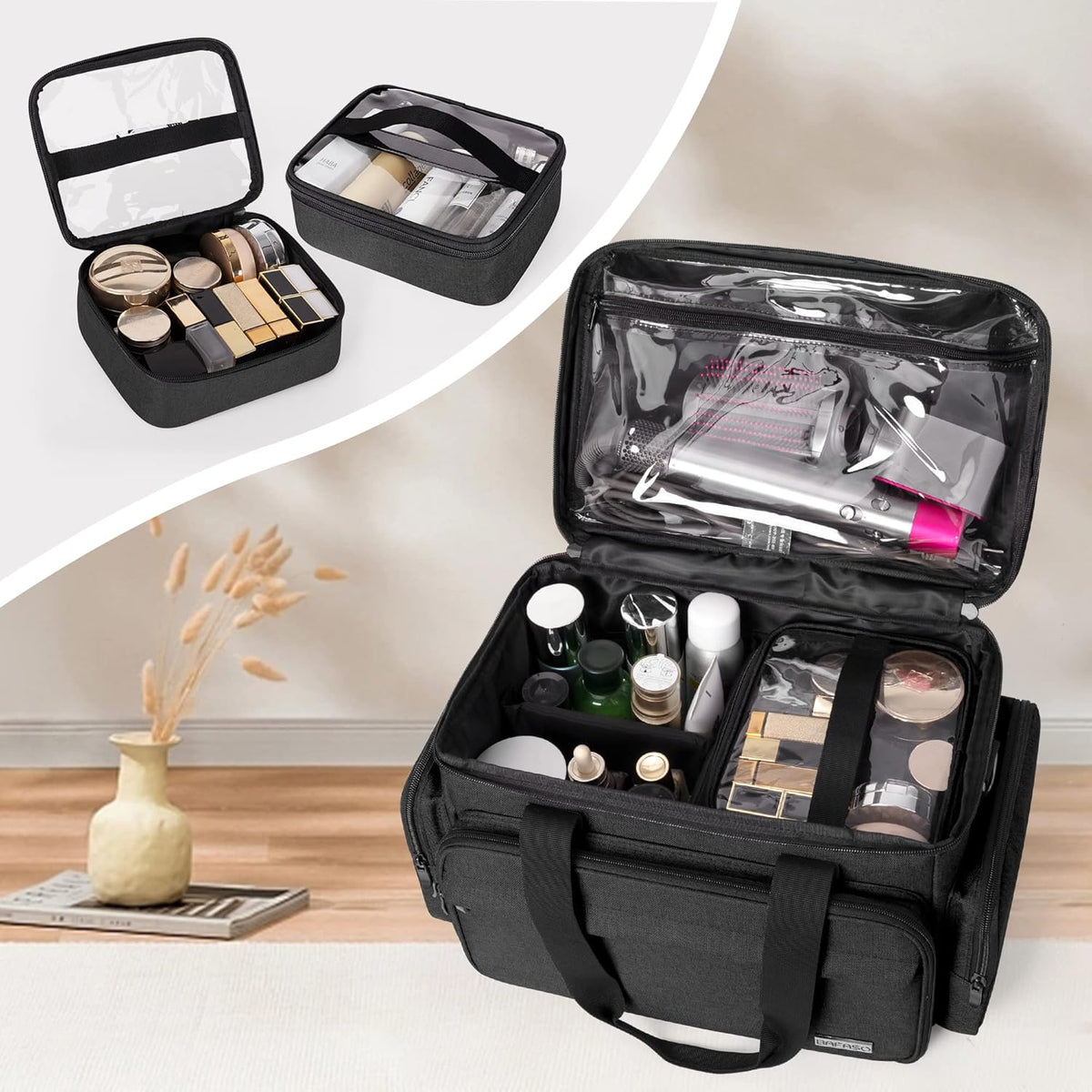Large Makeup Bag with 2 Removable Pouches and Detachable Dividers, Multifunctional Cosmetic Bag to Keep Makeup and Hair Supplies (Patent Pending), Black