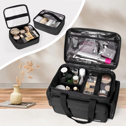 Large Makeup Bag with 2 Removable Pouches and Detachable Dividers, Multifunctional Cosmetic Bag to Keep Makeup and Hair Supplies (Patent Pending), Black