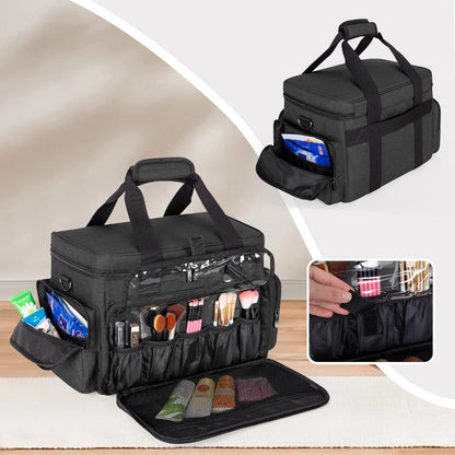 Large Makeup Bag with 2 Removable Pouches and Detachable Dividers, Multifunctional Cosmetic Bag to Keep Makeup and Hair Supplies (Patent Pending), Black