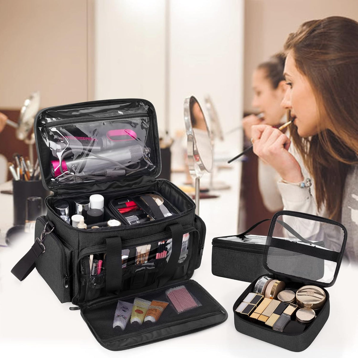 Large Makeup Bag with 2 Removable Pouches and Detachable Dividers, Multifunctional Cosmetic Bag to Keep Makeup and Hair Supplies (Patent Pending), Black