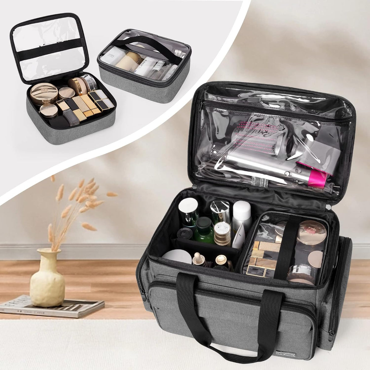 Large Makeup Bag with 2 Removable Pouches and Detachable Dividers, Multifunctional Cosmetic Bag to Keep Makeup and Hair Supplies (Patent Pending), Black