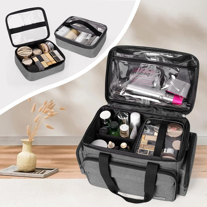 Large Makeup Bag with 2 Removable Pouches and Detachable Dividers, Multifunctional Cosmetic Bag to Keep Makeup and Hair Supplies (Patent Pending), Black