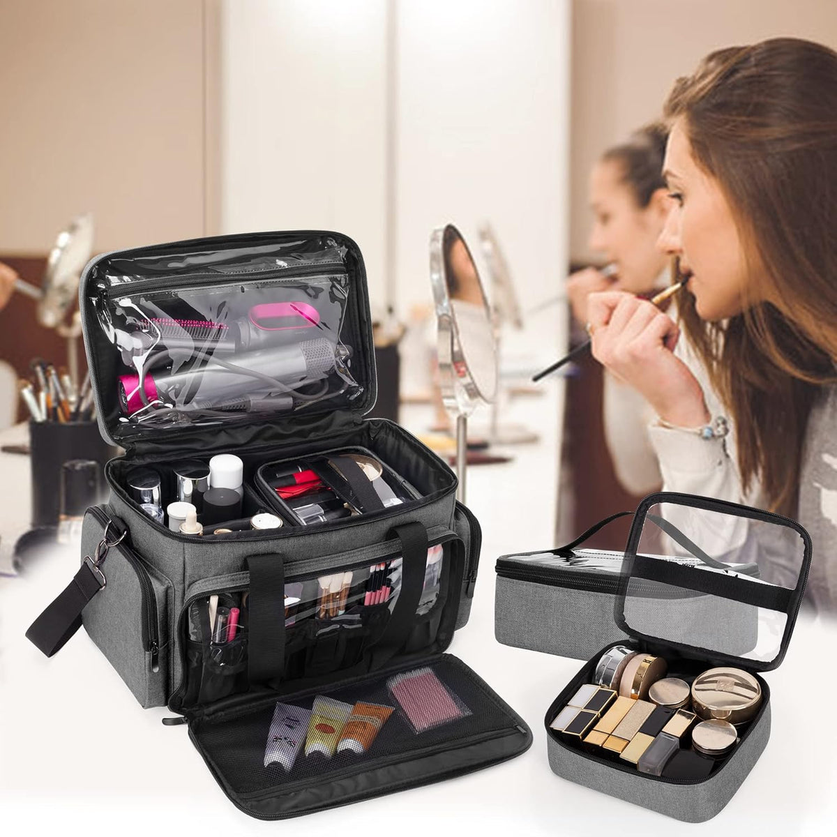 Large Makeup Bag with 2 Removable Pouches and Detachable Dividers, Multifunctional Cosmetic Bag to Keep Makeup and Hair Supplies (Patent Pending), Black
